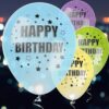 Vier ballonnen met een lampje erin met daarop happy birthday