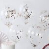 Vijf transparante ballonnen gevuld met rose gouden confetti