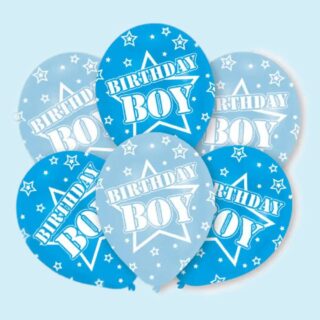 Lichtblauwe en blauwe ballonnen bedrukt met sterretjes en de tekst Birthday boy