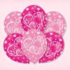 Lichtroze en donkerroze ballonnen bedrukt met hartjes en de tekst Birthday Girl