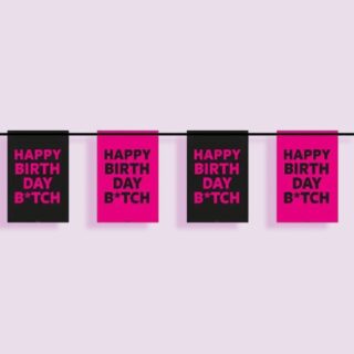 Slinger 'Happy birthday b*tch' in de kleuren zwart en roze