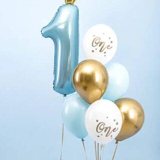 Ballonnenbundel met een folie ballon cijfer 1 en diverse latex ballonnen met opdruk One