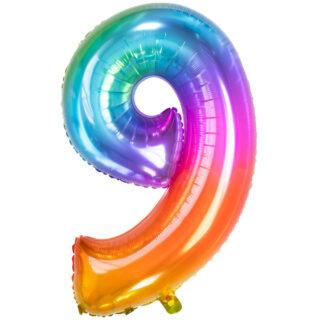 Regenboogkleurige folieballon cijfer 9