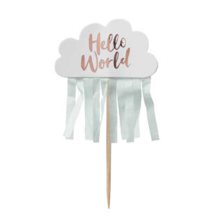 Cupcake Topper in de vorm van een wolk met Hello World erop