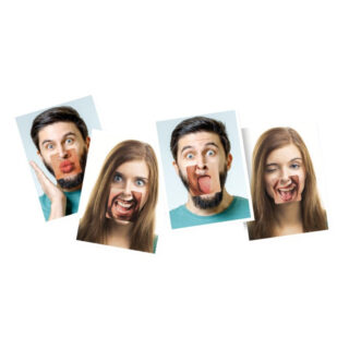 vier foto's van een man en een vrouw met een kaartje voor hun mond met een andere mond erop