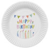 Wit papieren bordje met kleurrijke happy birthday bedrukking