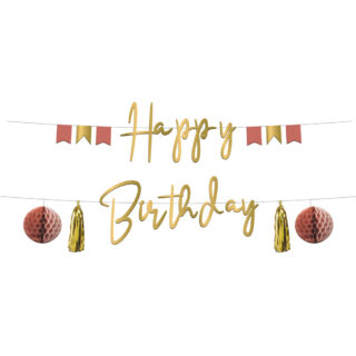 Letterslingen met de tekst 'happy birthday' in de kleuren goud en roze