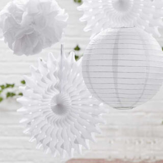 Witte waaier, lampion en pom pom