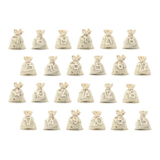 24 katoenen zakjes met houten nummers eraan