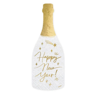Servetten in de vorm van een champagnefles met Happy new Year erop