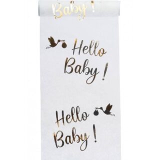 Witte tafel loper met gouden tekst Hello Baby en gouden ooievaars bedrukt