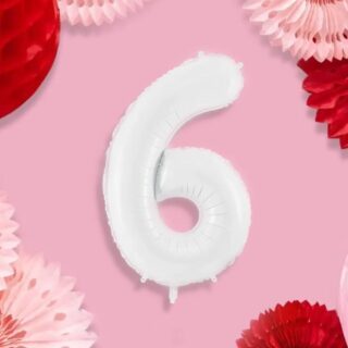 Folieballon cijfer 6 in het wit op een roze achtergrond met roze en rode honeycombs en waaiers