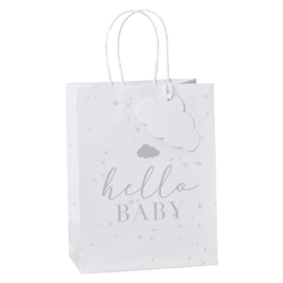 Wit cadeautasje met grijze stippen en een wolkje met de tekst 'hello baby'