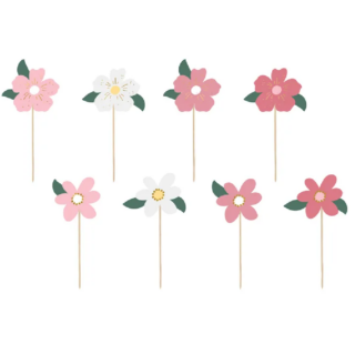 Cupcaketoppers met bloemen in verschillende tinten roze