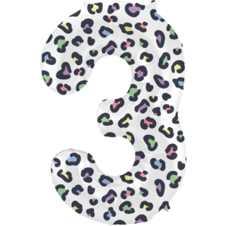 Folieballon cijfer 3 in het wit met panterprint in het zwart, rood, blauw, groen, geel en paars in pasteltinten