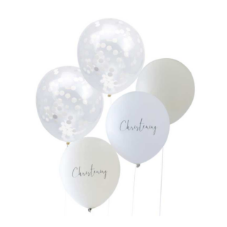 Nude kleurige, witte en doorzichte confetti ballon met het woord christening