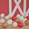 Mini ballonnen in de kleuren saliegroen, pastelroze, rood, bruin en beige liggen op een houten tafel voor een boerderij