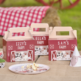 Partyboxen in de vorm van boerderijen staan op een houten tafel achter een bordje met popcorn en een feesthoedje in de vorm van een schaapje