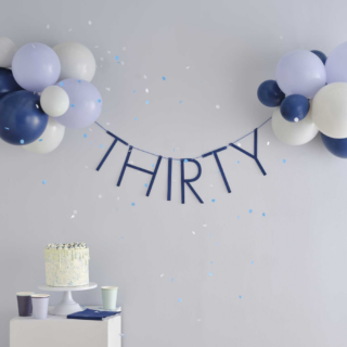30 jaar set met letterslingers en ballonnen in het blauw