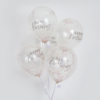 Bundel transparante confettiballonnen met rose gouden confetti en grijze tekst happy birthday