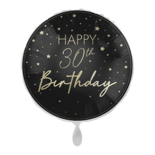 zwarte ronde folieballon met gouden sterren en de tekst happy 30th birthday