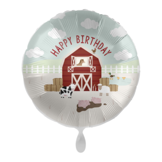 Ballon bedrukt met boerderijdieren zoals een koe, paars en varkens en de tekst happy birthday in het rood