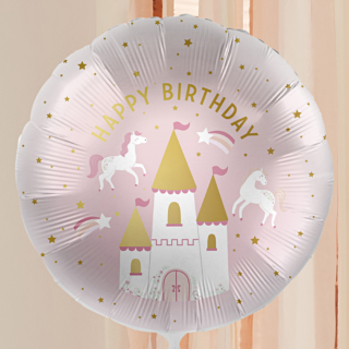prinsessen folieballon met gouden tekst happy birthday en een kasteel