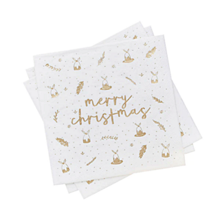 witte servetten met gouden bedrukking en de tekst merry christmas