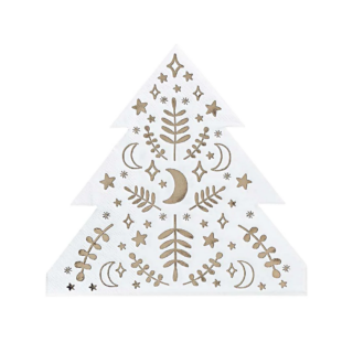 Witte servetten in de vorm van een kerstboom met gouden details zoals een maan, een ster en takjes