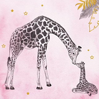 Servet met een giraffe met welpje erop en gouden en zwarte palm bladeren voor een babyshower met safari thema