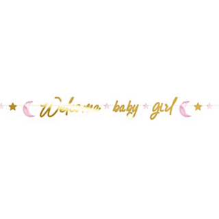 Slinger met de tekst welcome baby girl in het goud en roze met sterretjes en maantjes