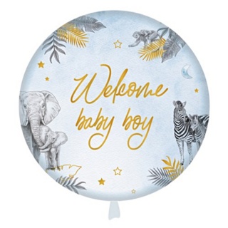 Folieballon in het blauw met goude en zwarte bedrukking met de tekst welcome baby boy