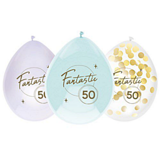 Latex ballonnen in het mint groen en lila en gouden confetti met de tekst fantastic 50 voor een verjaardag