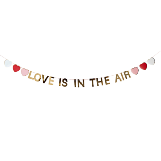 Gouden slinger met de tekst love is in the air en hartjes in het wit, roze en rood