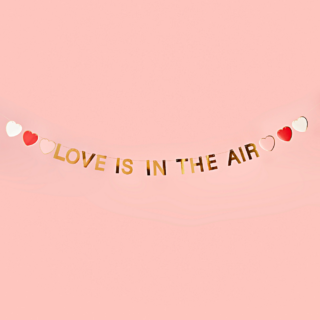 Gouden slinger met de tekst love is in the air en hartjes in het wit, roze en rood hangt voor een lichtroze muur