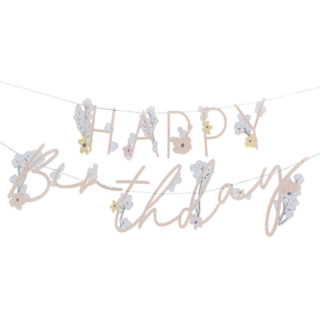 Letterbanner met de tekst happy birthday en bloemen in pasteltinten
