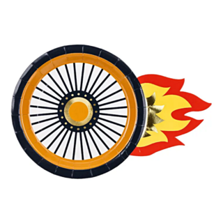Bordje in de vorm van een wiel met een vlammetje erachter voor themafeest auto en race
