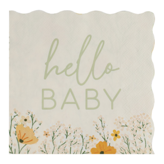 Servetten met de salie groene tekst hello baby en bloemen