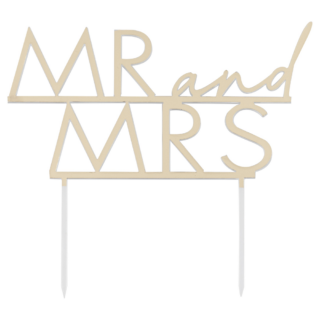 Gouden cake topper van acryl met de tekst mr and mrs