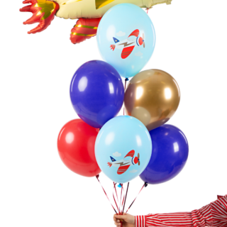 Ballonnen set vliegtuig in het goud, rood en blauw