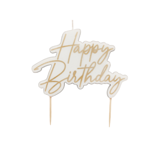 Kaars in het wit met gouden tekst happy birthday