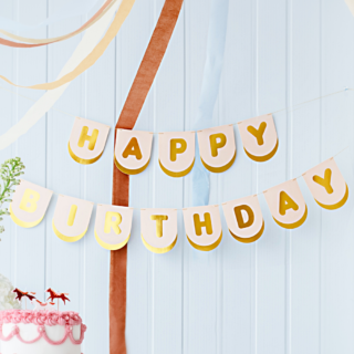 gouden met lichtroze slinger met de tekst happy birthday