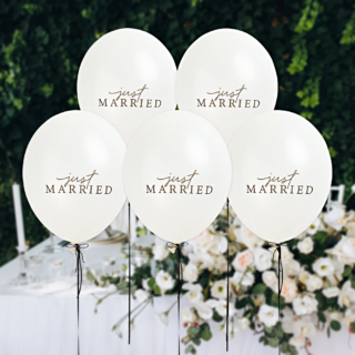 witte ballonnen met zwarte tekst just married