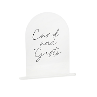 acryl bord met de zwarte tekst card and gifts