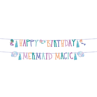 letterbanner happy birthday mermaid magic met iridescent effect, schelpen en zeemeerminnen vlaggetjes