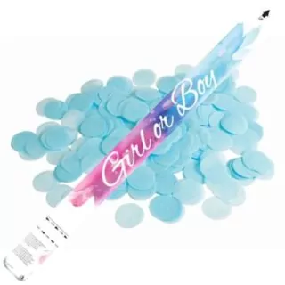 Confetti shooter roze en blauw met blauwe confetti op de achtergrond