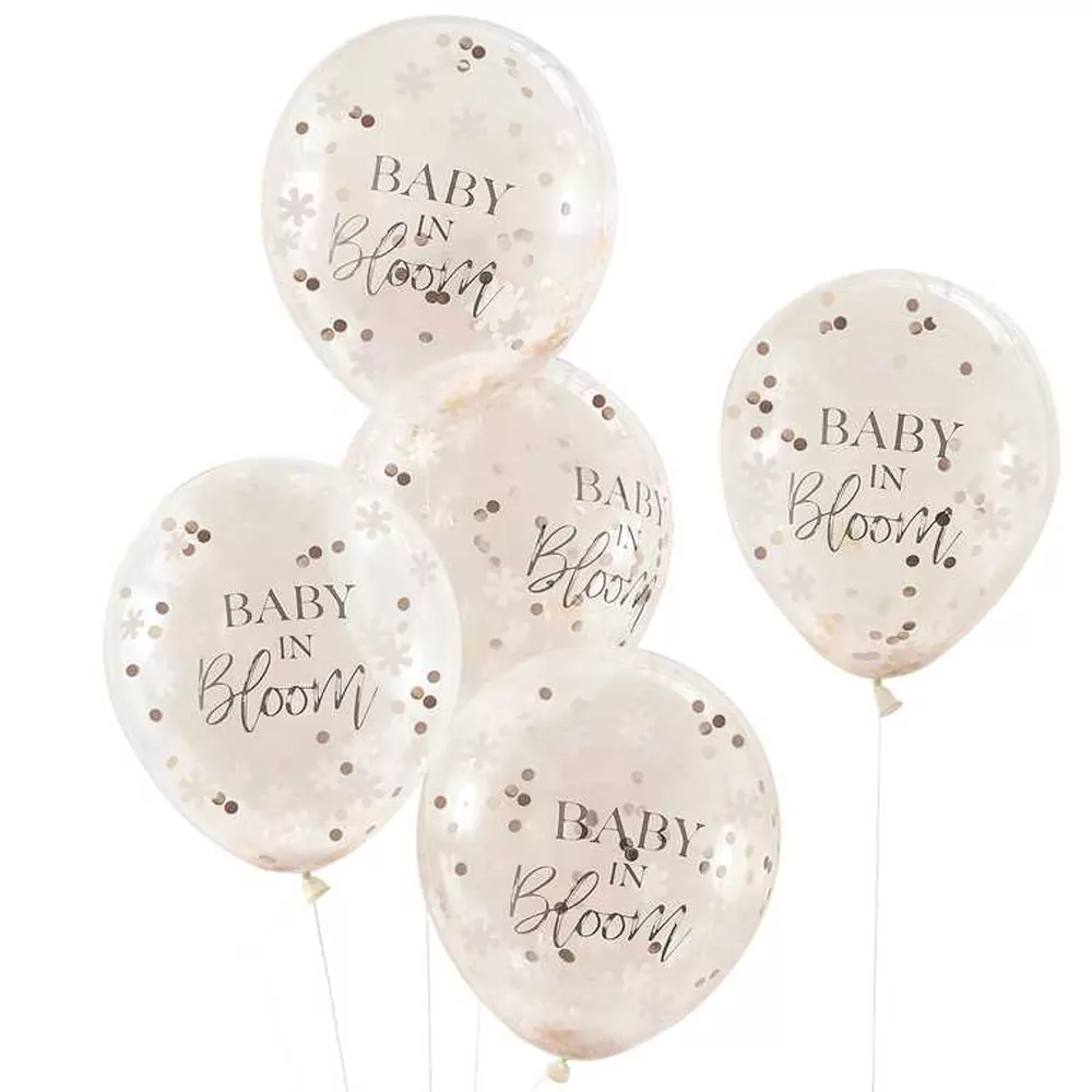 ballonnetjes met tekst baby in bloom gevuld met bloemvormige confetti