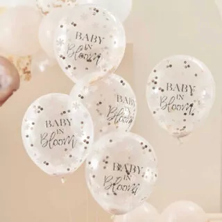 ballonnetjes met tekst baby in bloom gevuld met bloemvormige confetti