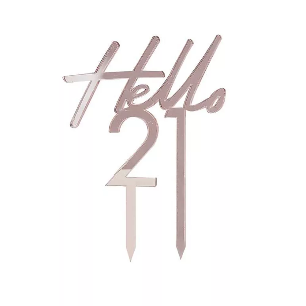 Taart Topper met de tekst Hello 21 in de kleur Rosé Goud