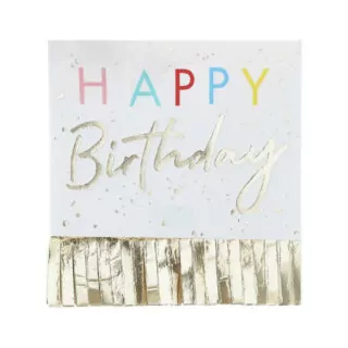 wit servet met gouden fringe met multicolor tekst happy birthday
